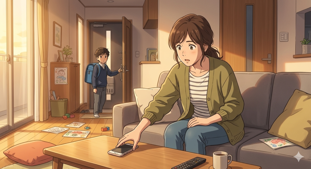 スマホを慌ててテーブルに置く母